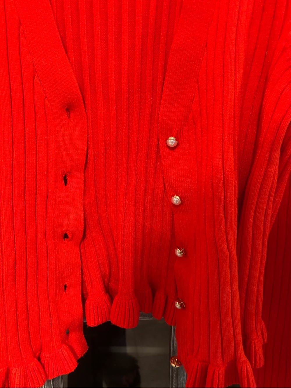 Laundry by Shelli Segal Red Ribbed Pearl Button Ruffle Cardigan - Picture 7 of 10